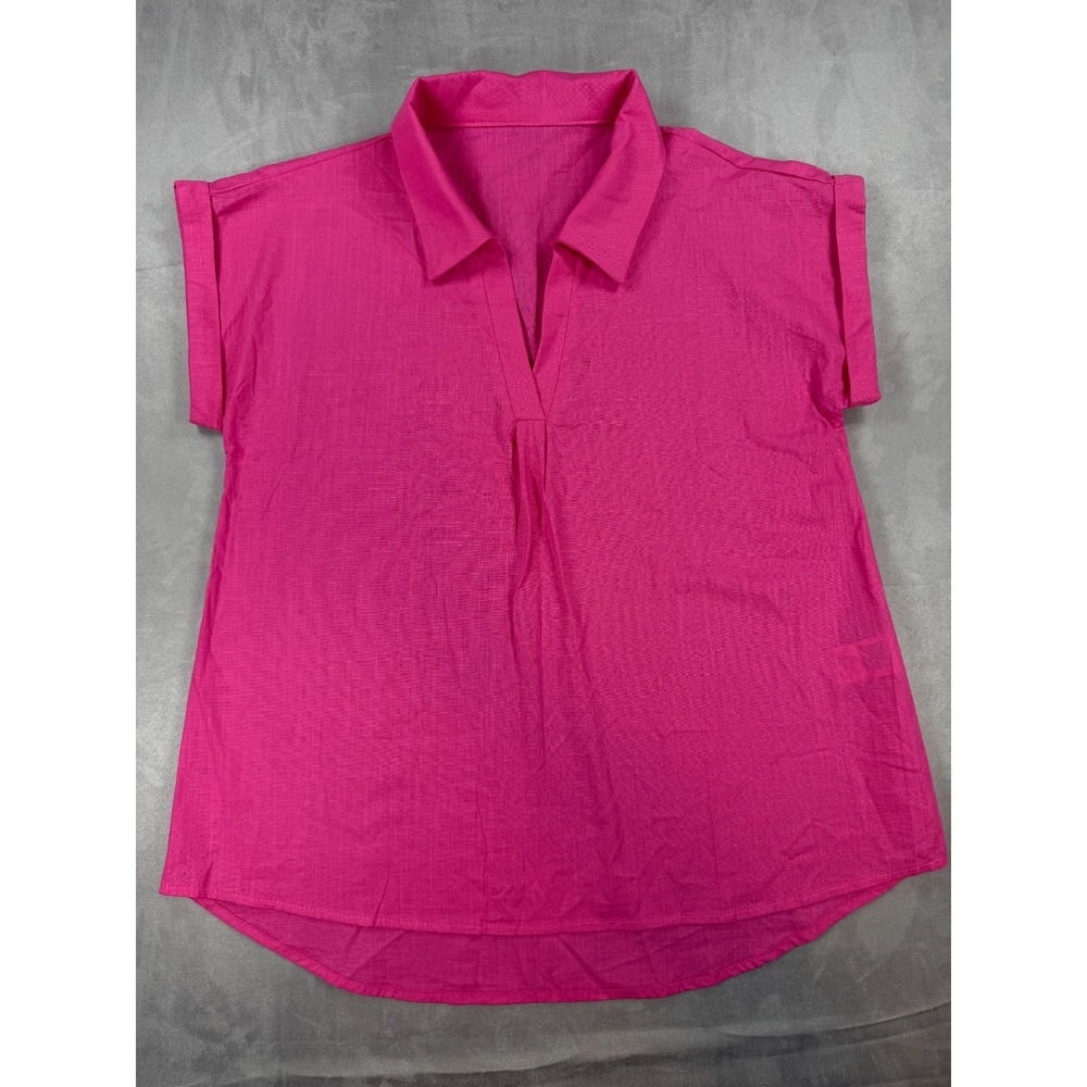 SHEIN Women's Pink Linen V-Neck Short Sleeve Button Blouse Size Small (4)